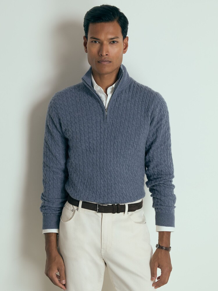 Reiss Airforce Blue Melange Richmond Atelier Cabled-Cashmere Zip-Neck Jumper - Image 1 of 6 Reiss Airforce Blue Melange Richmond Atelier Cabled-Cashmere Zip-Neck Jumper - Image 1 of 6