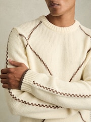 Reiss White/Brown Parvey Wool-Blend Embroidered Jumper - Image 4 of 7