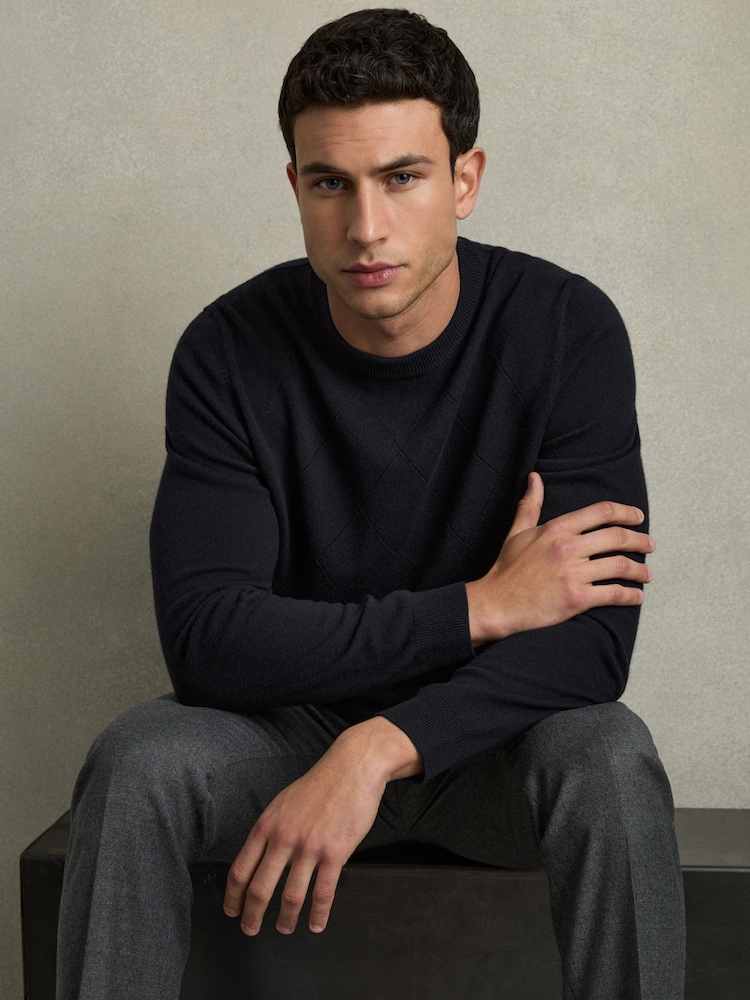 Reiss Navy Vince Wool Argyle Crew-Neck Jumper - Image 1 of 7