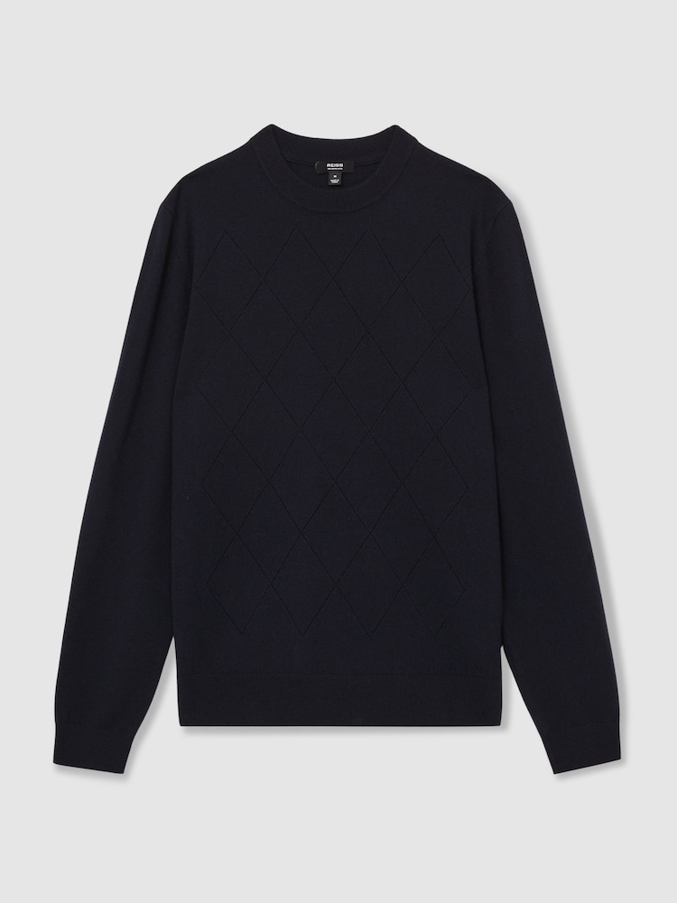 Reiss Navy Vince Wool Argyle Crew-Neck Jumper - Image 2 of 7