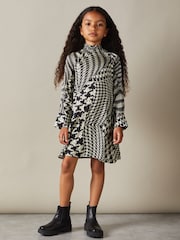 Reiss Black/Cream Ester 9-13 yrs Dogtooth Flared Hem Dress - Image 3 of 5