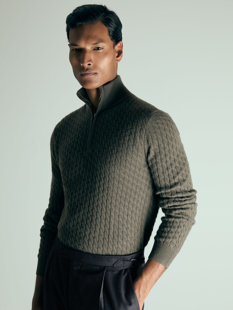 Reiss Military Green Richmond Atelier Cabled-Cashmere Zip-Neck Jumper - Image 1 of 5
