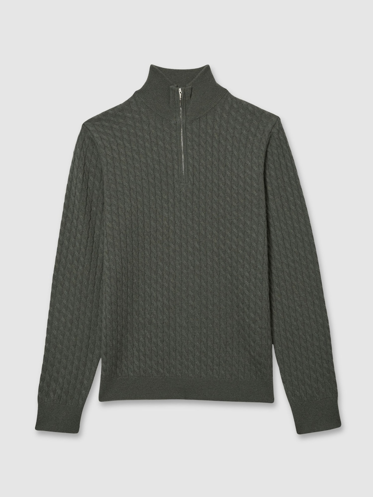 Reiss Military Green Richmond Atelier Cabled-Cashmere Zip-Neck Jumper - Image 2 of 5