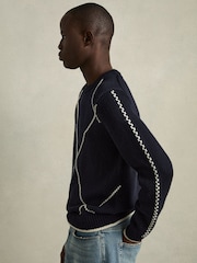 Reiss Navy/White Parvey Wool-Blend Embroidered Jumper - Image 1 of 6