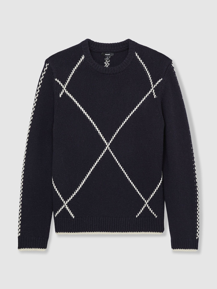 Reiss Navy/White Parvey Wool-Blend Embroidered Jumper - Image 2 of 6