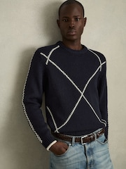 Reiss Navy/White Parvey Wool-Blend Embroidered Jumper - Image 3 of 6
