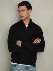 Reiss All Black Roberts Wool-Blend Ridge-Seam Half-Zip Jumper - Image 1 of 6