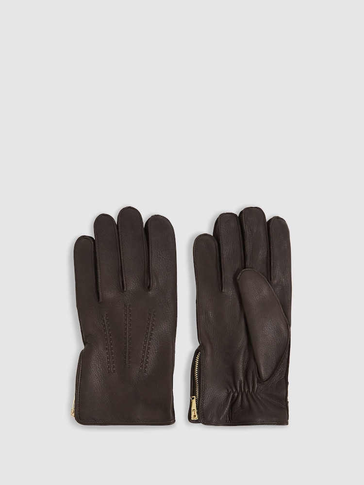 Reiss Dark Brown Iowa Leather Zip-Side Gloves - Image 1 of 3