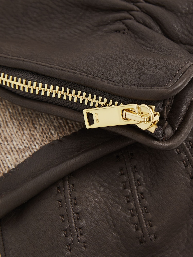 Reiss Dark Brown Iowa Leather Zip-Side Gloves - Image 3 of 3