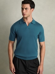 Reiss Deep Teal Blue Duchie Merino Wool Open Collar Polo Shirt - Image 1 of 6