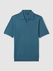 Reiss Deep Teal Blue Duchie Merino Wool Open Collar Polo Shirt - Image 2 of 6