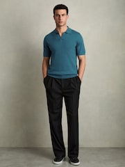 Reiss Deep Teal Blue Duchie Merino Wool Open Collar Polo Shirt - Image 3 of 6