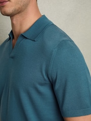 Reiss Deep Teal Blue Duchie Merino Wool Open Collar Polo Shirt - Image 4 of 6