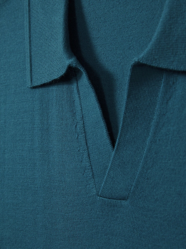 Reiss Deep Teal Blue Duchie Merino Wool Open Collar Polo Shirt - Image 6 of 6