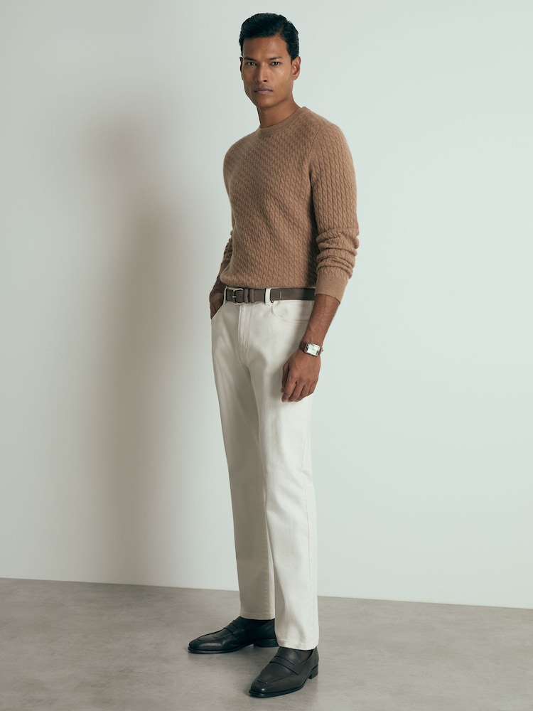 Reiss Camel Melange Harrogate Atelier Cashmere Cable-Knit Crew-Neck Jumper - Image 1 of 7 Reiss Camel Melange Harrogate Atelier Cashmere Cable-Knit Crew-Neck Jumper - Image 1 of 7