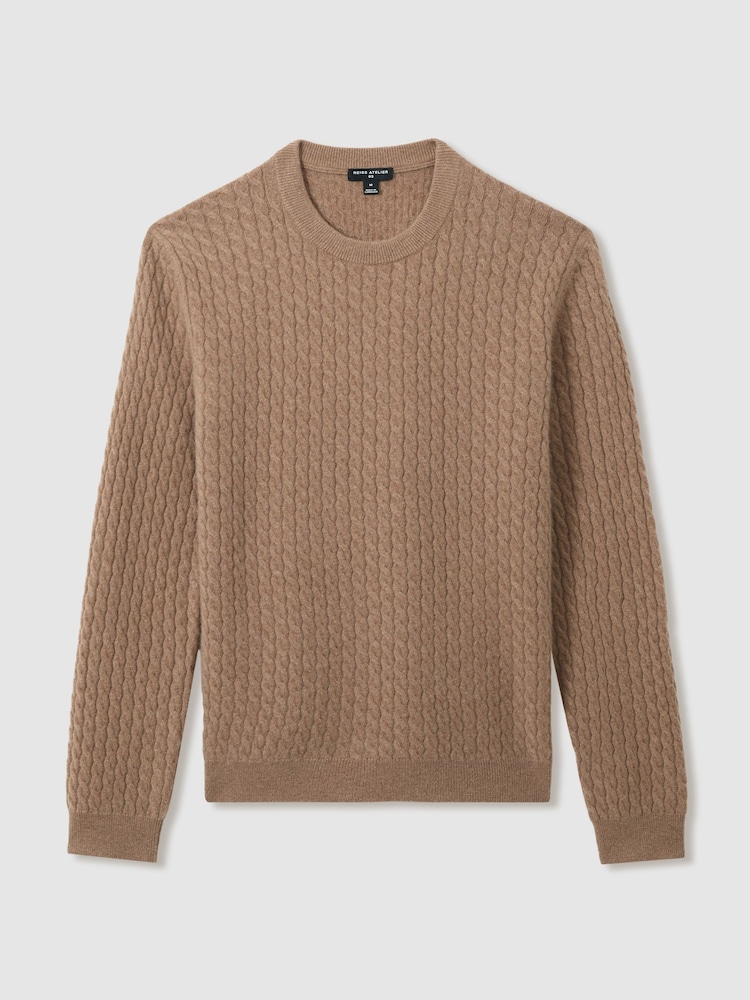 Reiss Camel Melange Harrogate Atelier Cashmere Cable-Knit Crew-Neck Jumper - Image 2 of 7 Reiss Camel Melange Harrogate Atelier Cashmere Cable-Knit Crew-Neck Jumper - Image 2 of 7