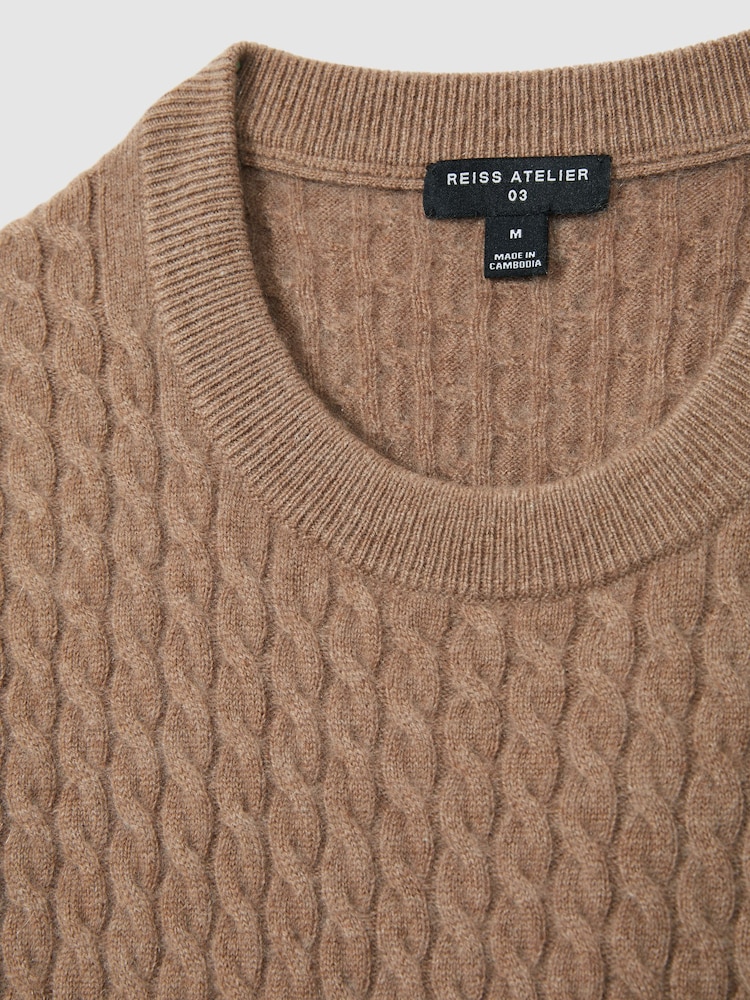 Reiss Camel Melange Harrogate Atelier Cashmere Cable-Knit Crew-Neck Jumper - Image 7 of 7