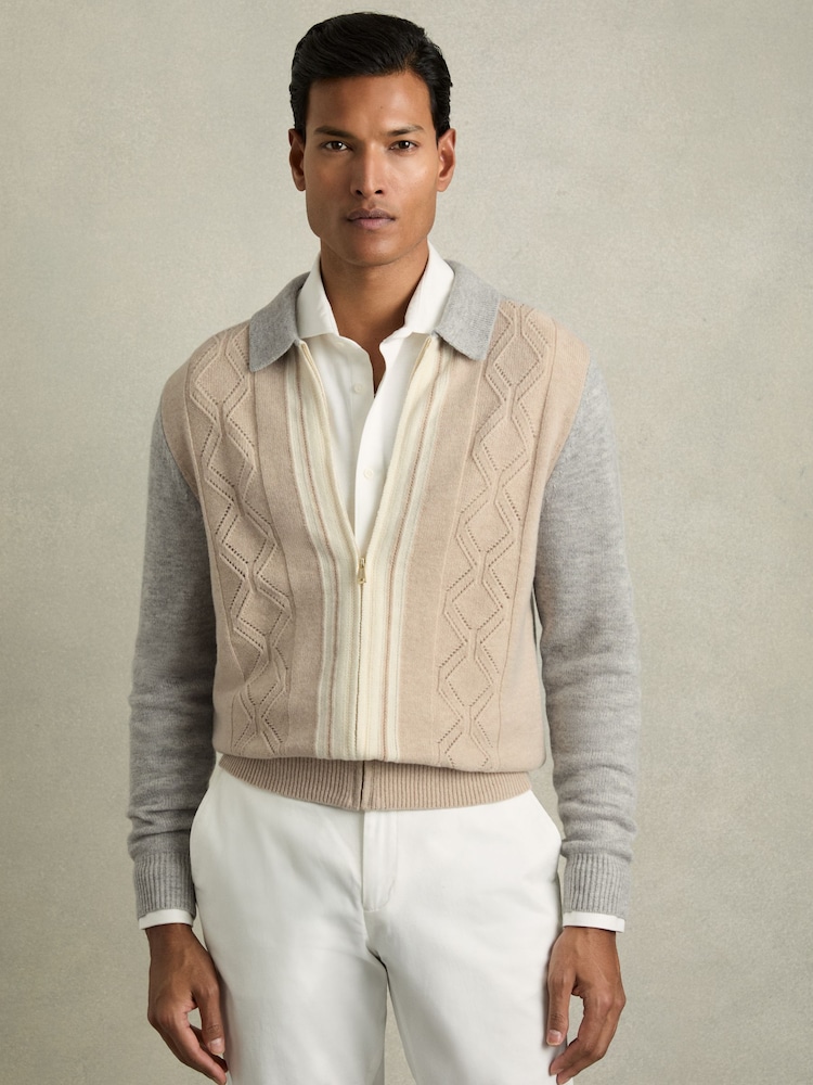 Reiss Oatmeal/White Tennant Wool Colour-Block Zip-Through Cardigan - Image 1 of 6
