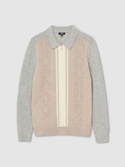 Reiss Oatmeal/White Tennant Wool Colour-Block Zip-Through Cardigan - Image 2 of 6