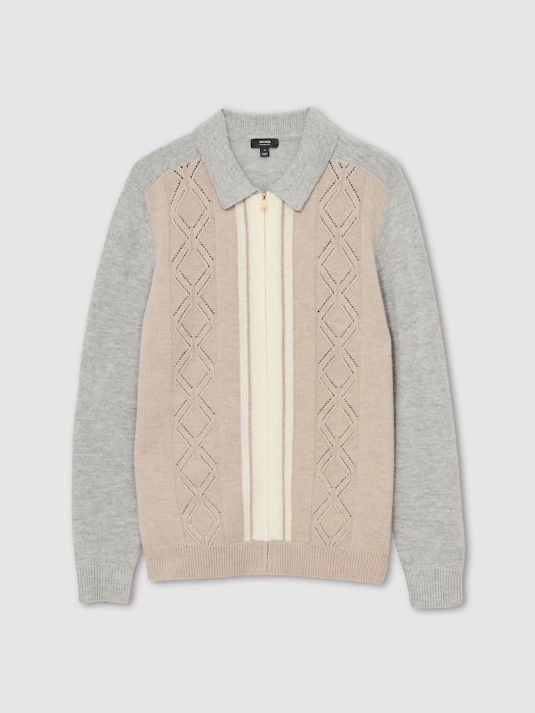 Reiss Oatmeal/White Tennant Wool Colour-Block Zip-Through Cardigan - Image 2 of 6