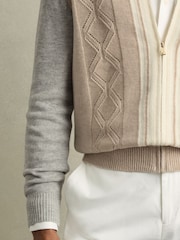 Reiss Oatmeal/White Tennant Wool Colour-Block Zip-Through Cardigan - Image 3 of 6