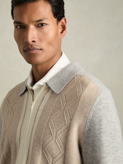 Reiss Oatmeal/White Tennant Wool Colour-Block Zip-Through Cardigan - Image 4 of 6