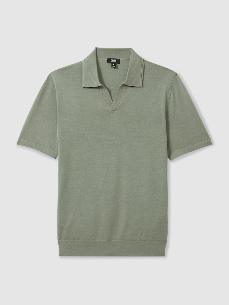 Reiss Herb Green Duchie Merino Wool Open Collar Polo Shirt - Image 2 of 8
