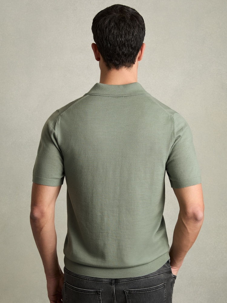 Reiss Herb Green Duchie Merino Wool Open Collar Polo Shirt - Image 5 of 8