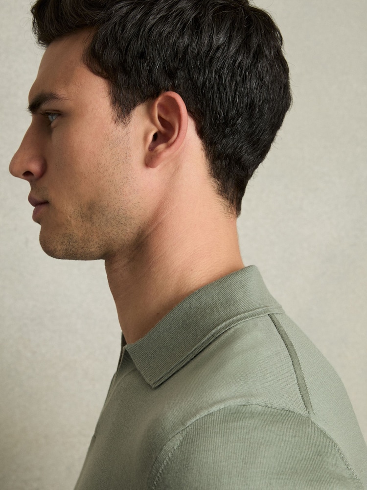 Reiss Herb Green Duchie Merino Wool Open Collar Polo Shirt - Image 6 of 8