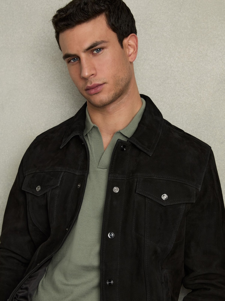 Reiss Herb Green Duchie Merino Wool Open Collar Polo Shirt - Image 7 of 8