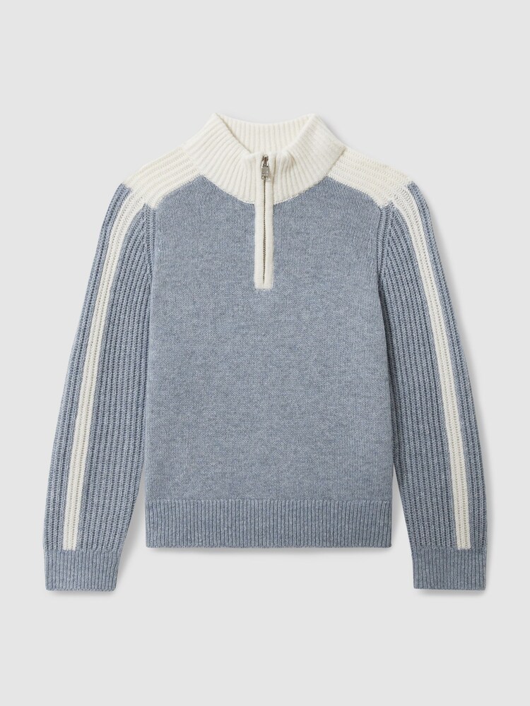 Reiss Blue/White Carnellis Zipped Funnel-Neck Jumper with Wool and Cotton - Image 1 of 4