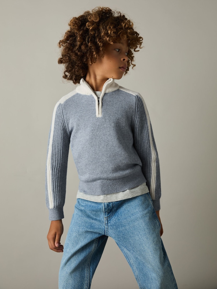 Reiss Blue/White Carnellis Zipped Funnel-Neck Jumper with Wool and Cotton - Image 2 of 4 Reiss Blue/White Carnellis Zipped Funnel-Neck Jumper with Wool and Cotton - Image 2 of 4