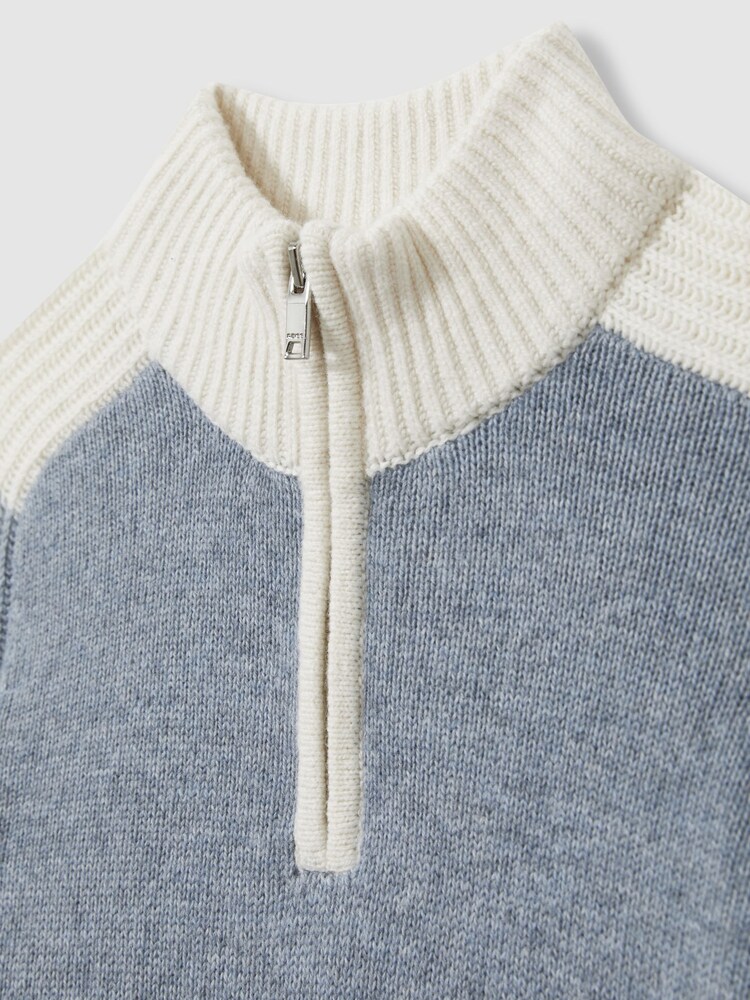 Reiss Blue/White Carnellis Zipped Funnel-Neck Jumper with Wool and Cotton - Image 4 of 4