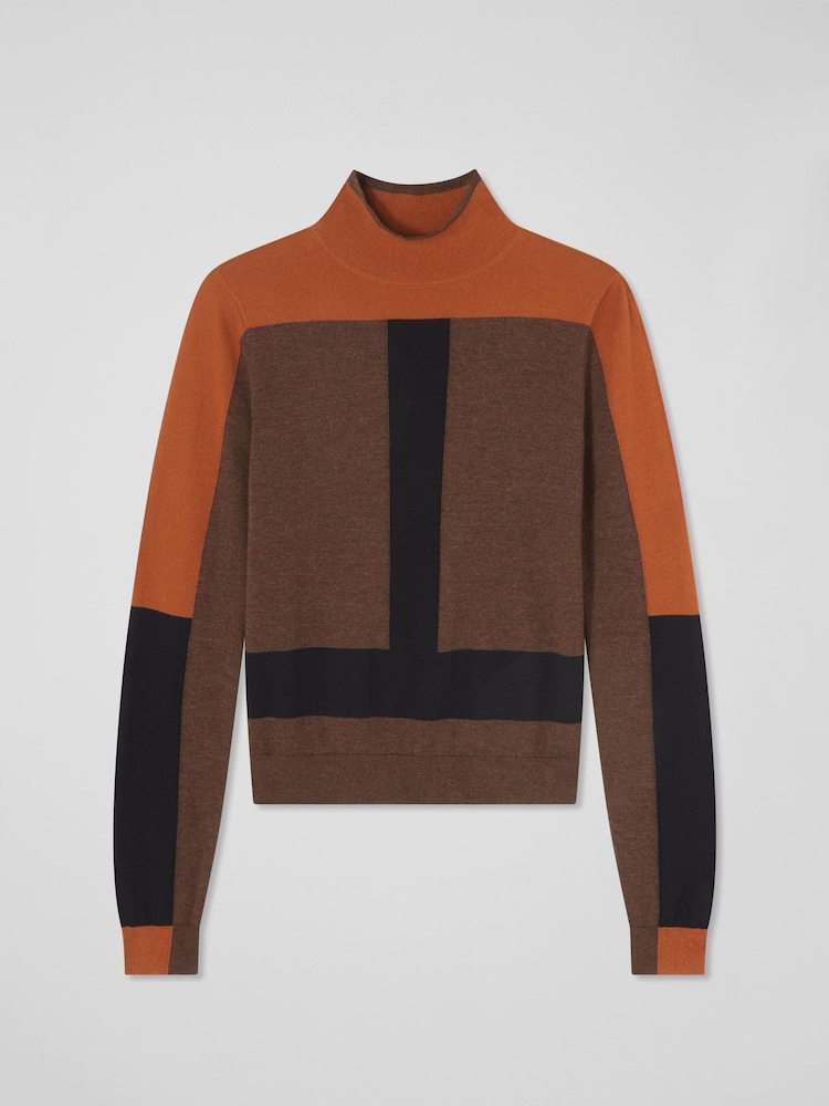 LK Bennett Selma Conker Multi Turtle Neck Blocked Polo Brown Jumper - Image 4 of 4