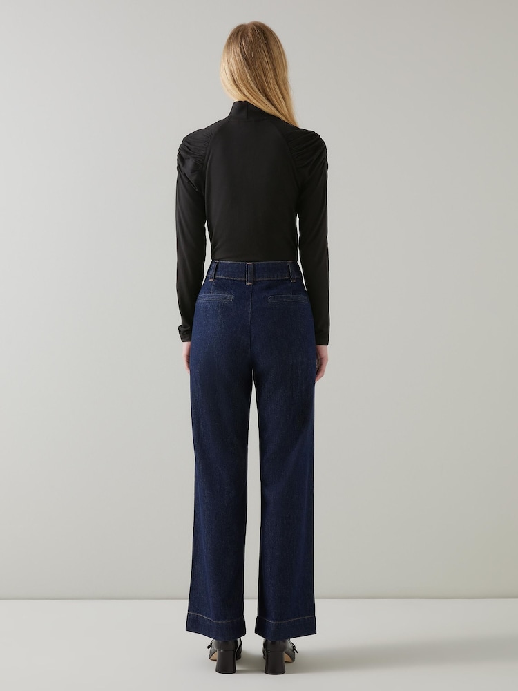 LK Bennett Black Lacey Gathered Shoulder Turtle Neck Jersey Top - Image 2 of 3