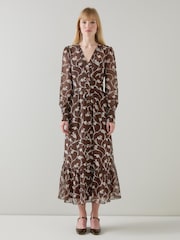 LK Bennett LK Bennett Brown Lucian Chocolate And Birch Sketchy Flower Print Tiered Dress - Bild 1 von 3