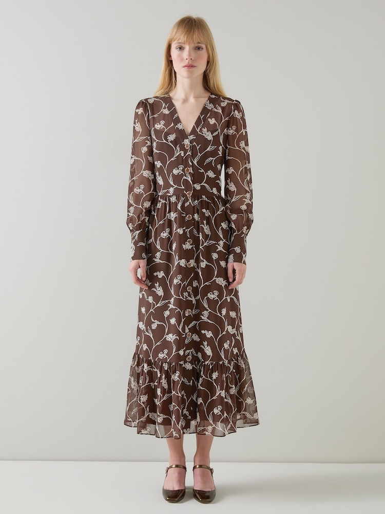 LK Bennett LK Bennett Brown Lucian Chocolate And Birch Sketchy Flower Print Tiered Dress - Bild 1 von 3