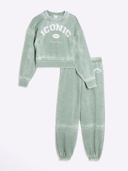 River Island Green Girls Drenched Iconic 100% Cotton Sweatshirt and Joggers Set - Image 2 of 5