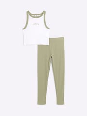 River Island Green Girls Rib 100% Cotton Top and Leggings Set - Image 2 of 6