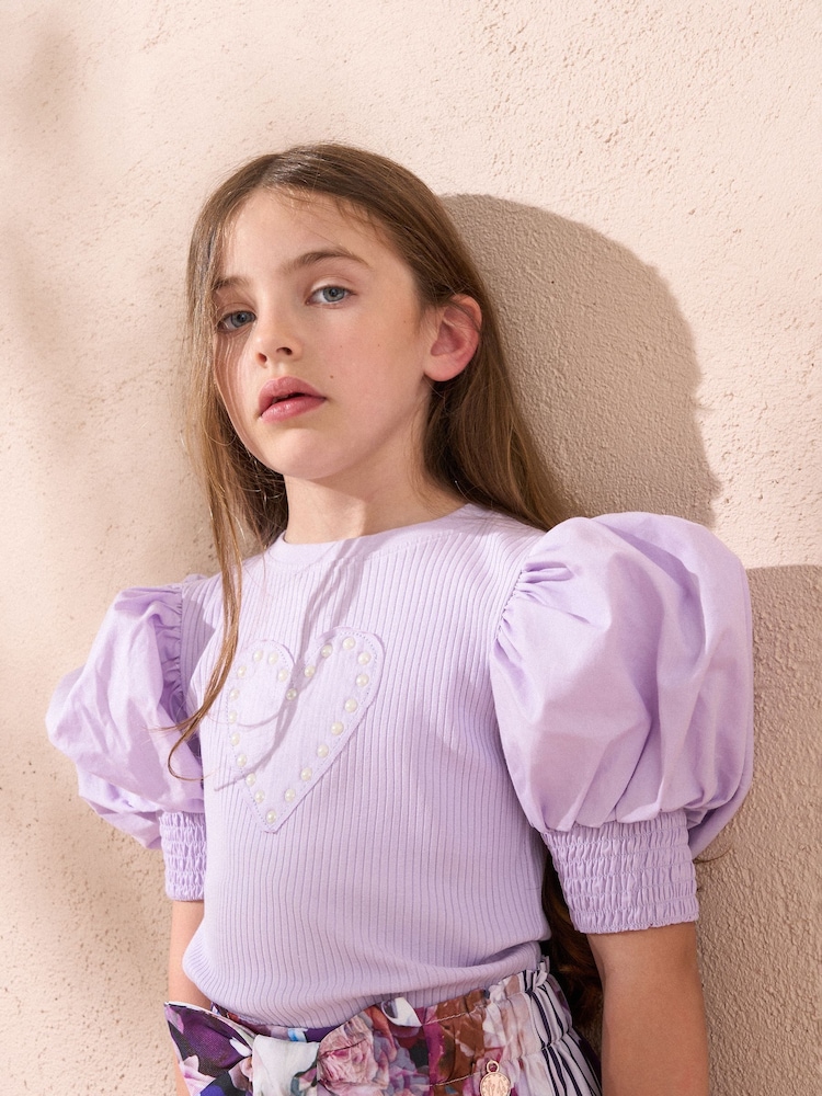 Angel & Rocket Purple Agatha Heart Print Rib T-Shirt - Image 2 of 4