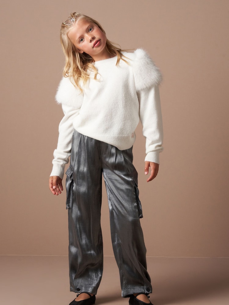 Angel & Rocket Silver Vivienne Hammered Satin Cargo Trousers - Image 1 of 4 Angel & Rocket Silver Vivienne Hammered Satin Cargo Trousers - Image 1 of 4