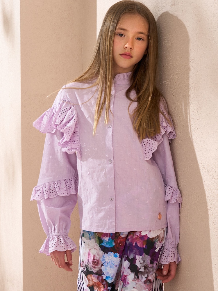 Angel & Rocket Purple Lea Broderie Frill Woven 100% Cotton Top - Image 1 of 6