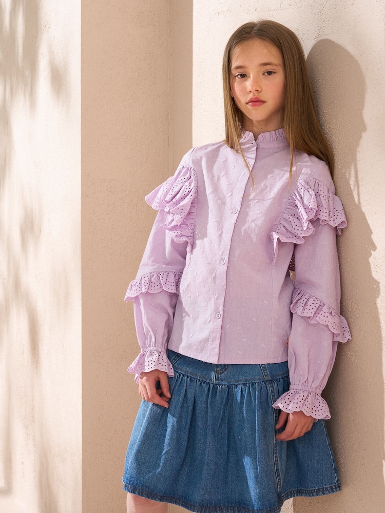 Angel & Rocket Purple Lea Broderie Frill Woven 100% Cotton Top - Image 3 of 6