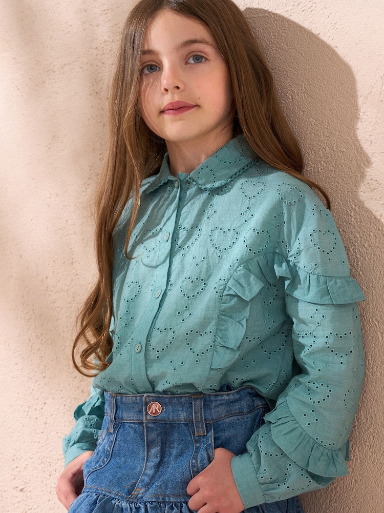 Angel & Rocket Green Juiette Broderie Frill 100% Cotton Shirt - Image 1 of 5