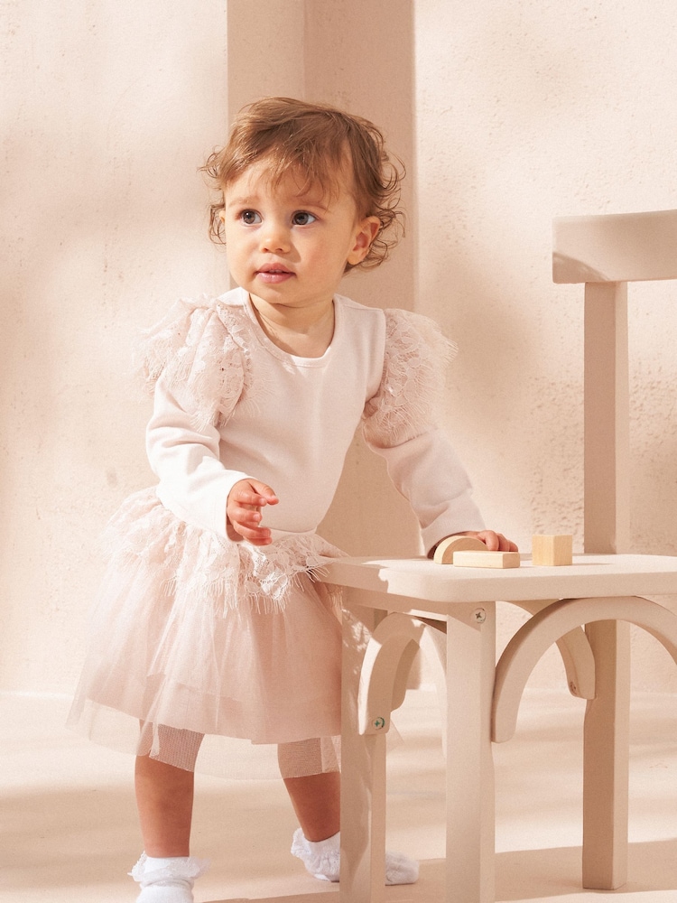 Angel & Rocket Pink Lana Lace Ruffle 100% Cotton Bodysuit and Tutu Dress Set - Image 1 of 4