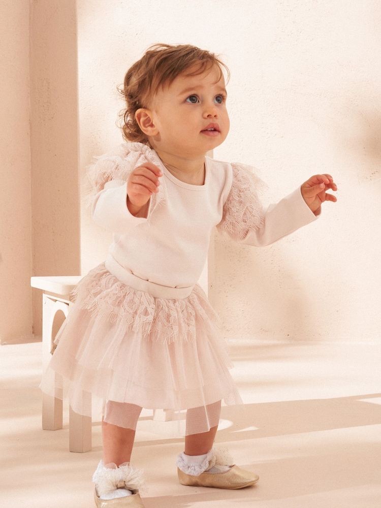 Angel & Rocket Pink Lana Lace Ruffle 100% Cotton Bodysuit and Tutu Dress Set - Image 2 of 4