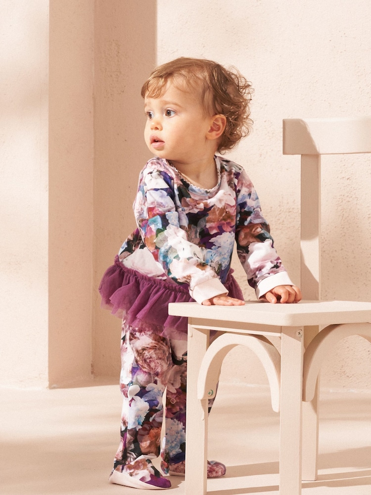 Angel & Rocket Purple Fleur Floral Print Tutu 100% Cotton Babygrow and Headband Set - Image 2 of 4 Angel & Rocket Purple Fleur Floral Print Tutu 100% Cotton Babygrow and Headband Set - Image 2 of 4