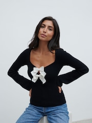 Pretty Lavish Black Annabeth Bow Knit Top - Image 1 of 4