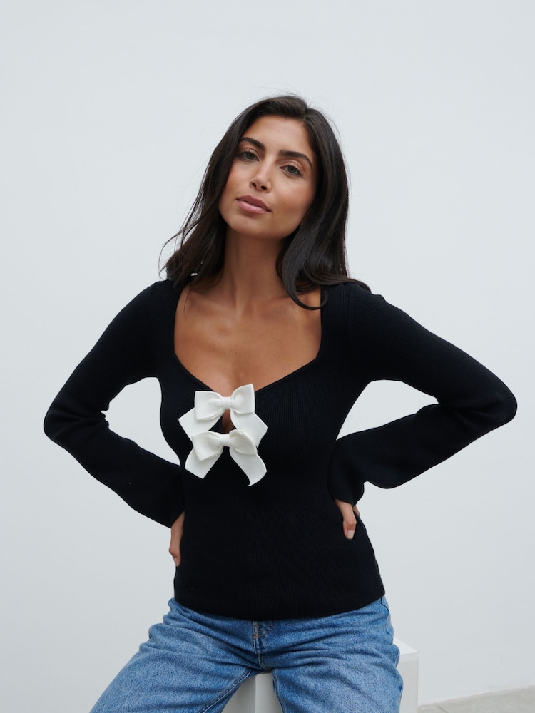 Pretty Lavish Black Annabeth Bow Knit Top - Image 1 of 4