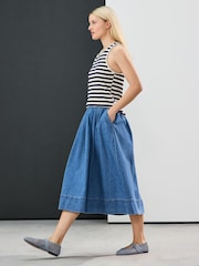Mid Blue Denim Full A-line Denim 100% Cotton Midi Skirt - Image 1 of 5